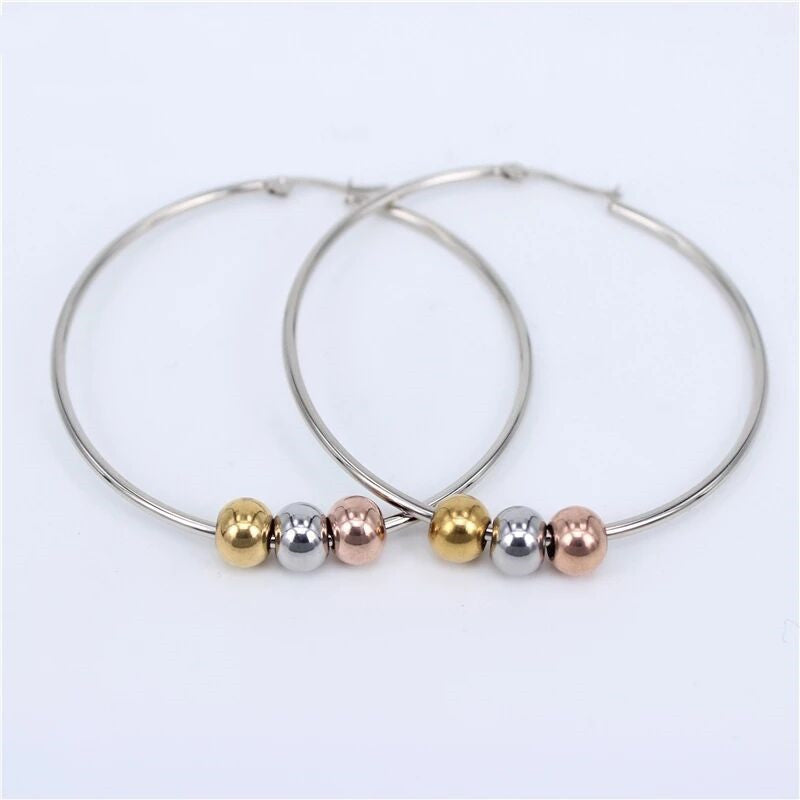 Simple Stainless Steel Three Colors Round Beads Eardrop Titanium Rings