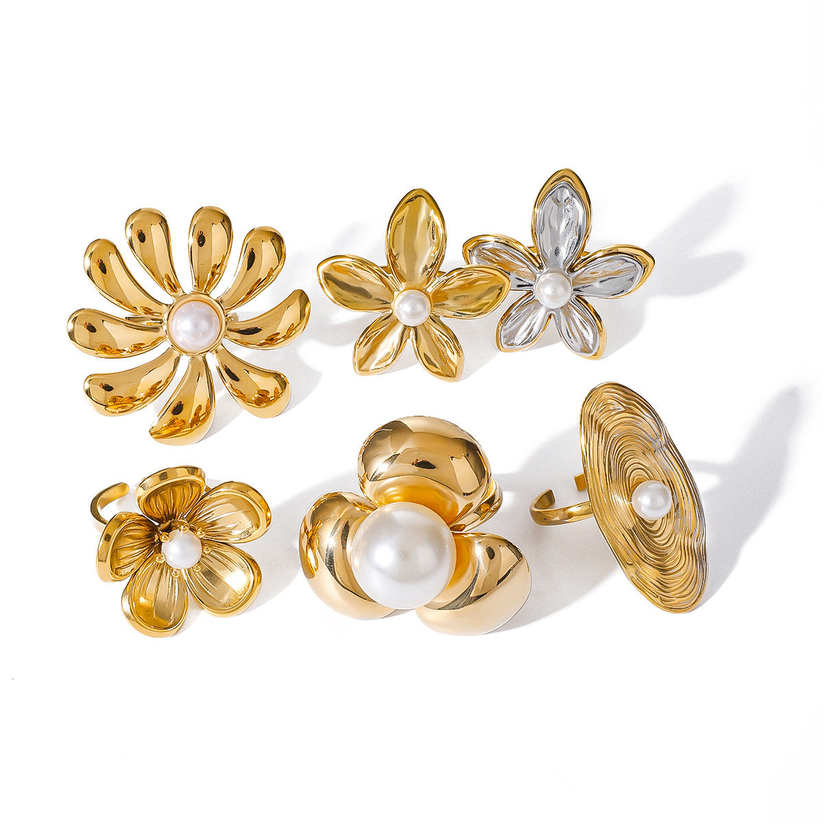 Ding Stainless Steel Flower Pearl Exaggerated Rings