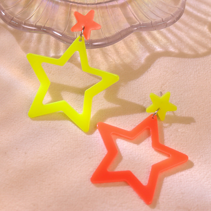 Exaggerated Trendy Fluorescent Color Hollow Pentagram Earrings