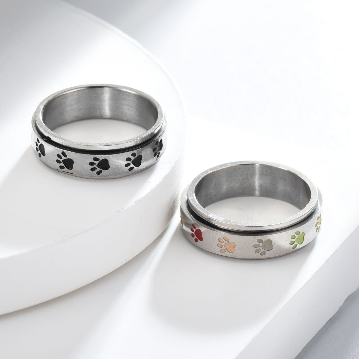 Men's Titanium Steel American Size Rotatable Footprints Stainless Rings