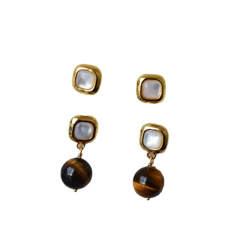 Geometric Square Mother Shell Inlaid Tigereye Sier Earrings
