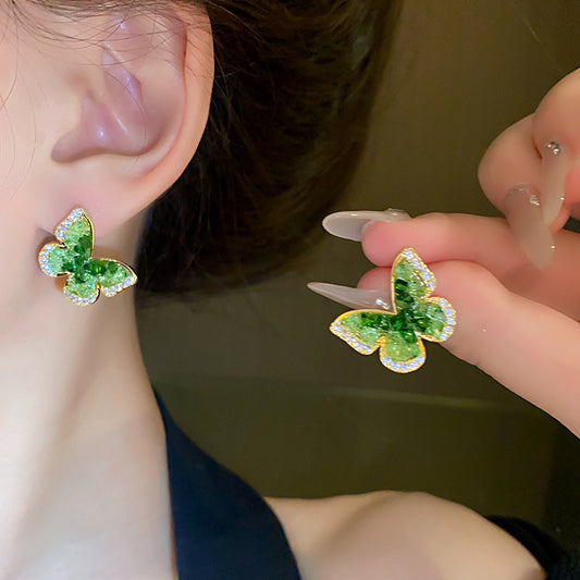 High-grade Sier Needle Gradient Green Crystal Earrings