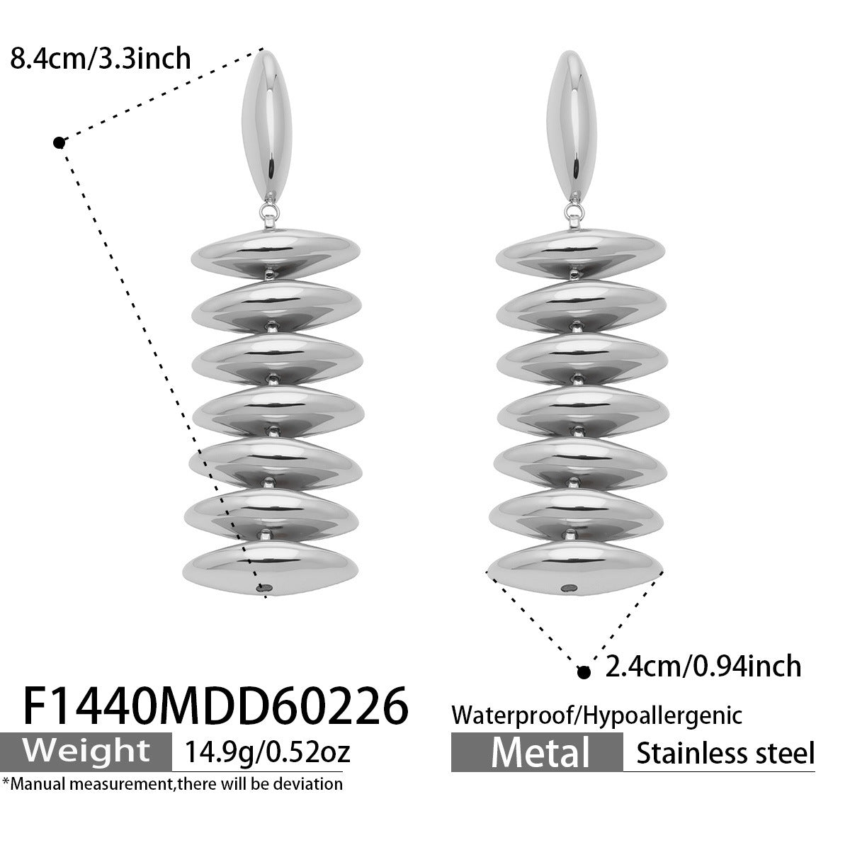 Women's Stainless Steel Beaded Long Real Gold Exaggerating Earrings