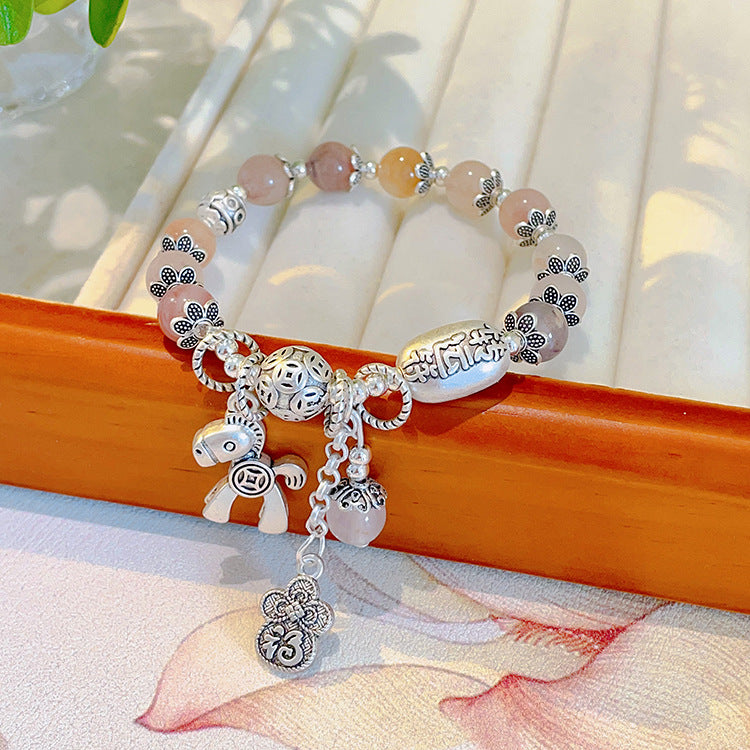 Women's Gray Agate Crystal Tassel Retro Tibetan Sier Longevity Lock Bracelets