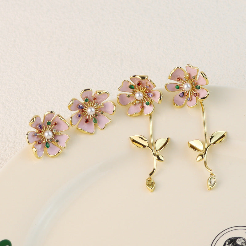 Pink Flowers Sier Needle Hand Painted Enamel Light Luxury Rings