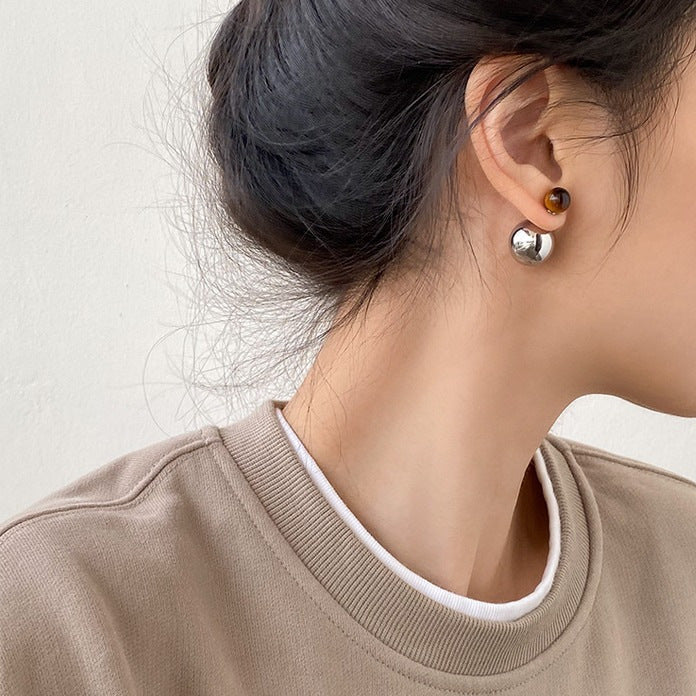 Tigereye Sier Needle Double Ball Texture Earrings