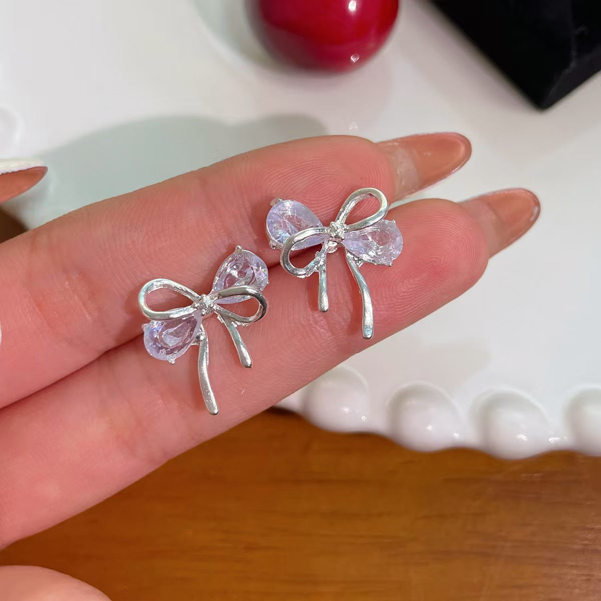Women's Sier Bow Zircon For Gentle Sweet Beautiful French Earrings