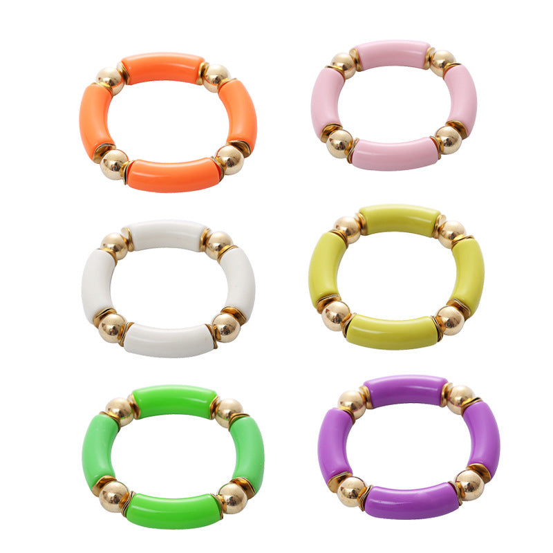 Thick Curved Tube Gold Beaded Stretch Bracelets