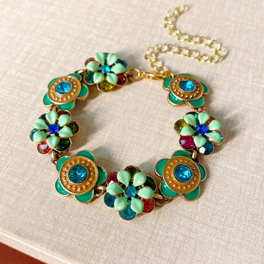 Women's Middle Ancient Diamond Glaze Flowers Light Luxury Minority Clavicle Chain Jewelry Set