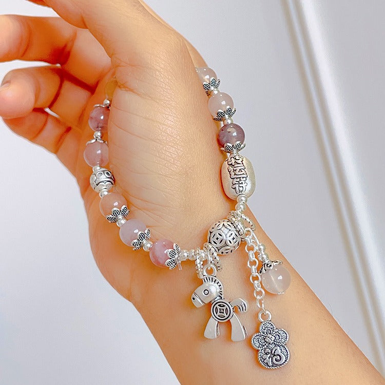 Women's Gray Agate Crystal Tassel Retro Tibetan Sier Longevity Lock Bracelets