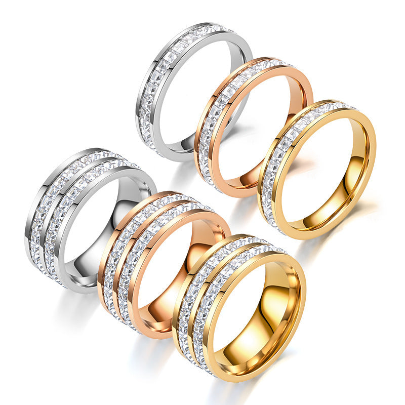 Row Full Diamond Titanium Couple Small Square Personality Simple Rings