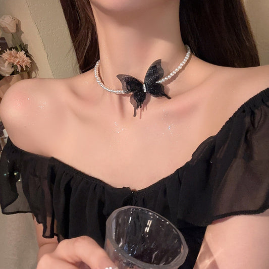 Tulle Three-dimensional Butterfly Pearl Simple Short Temperamental Clavicle Necklaces