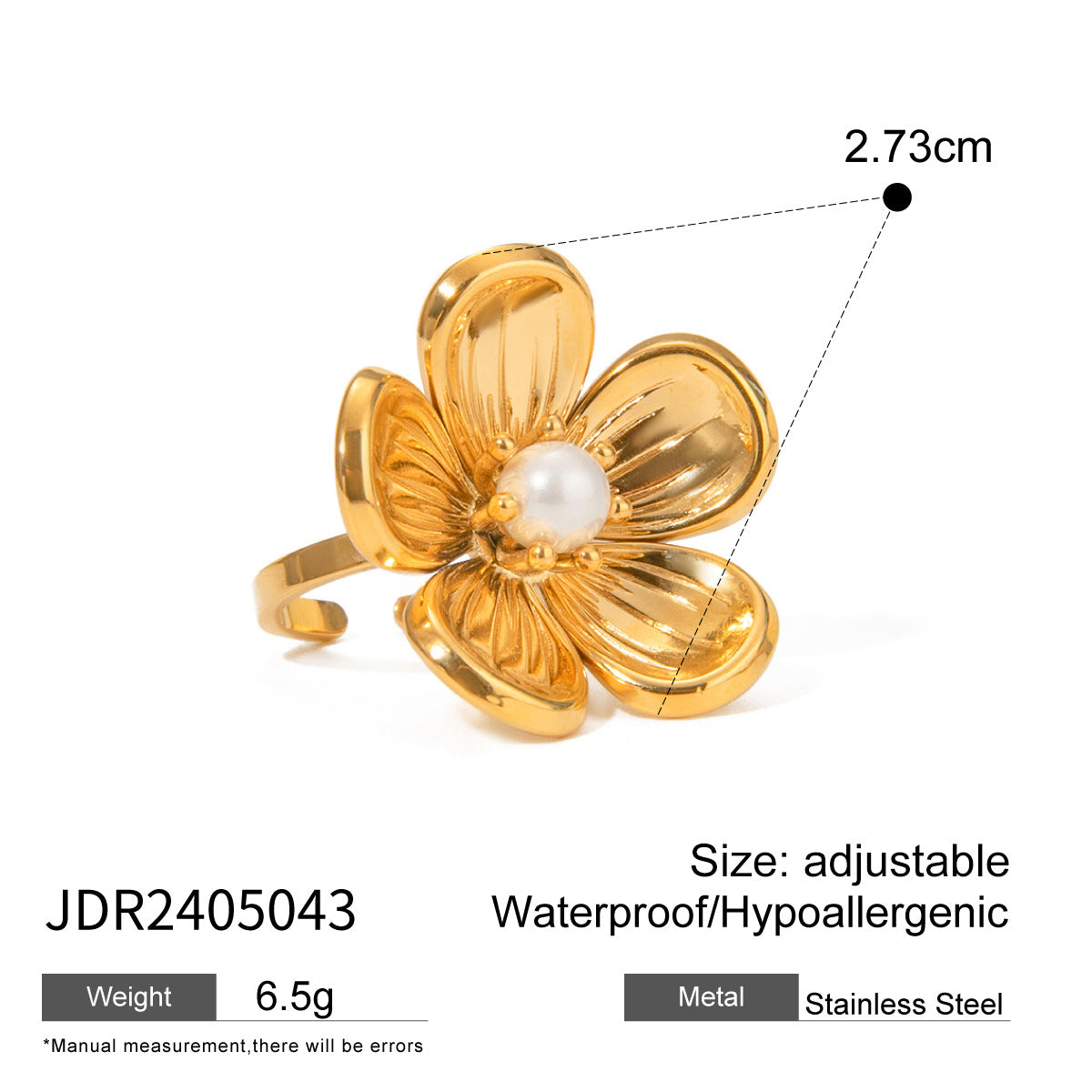 Ding Stainless Steel Flower Pearl Exaggerated Rings