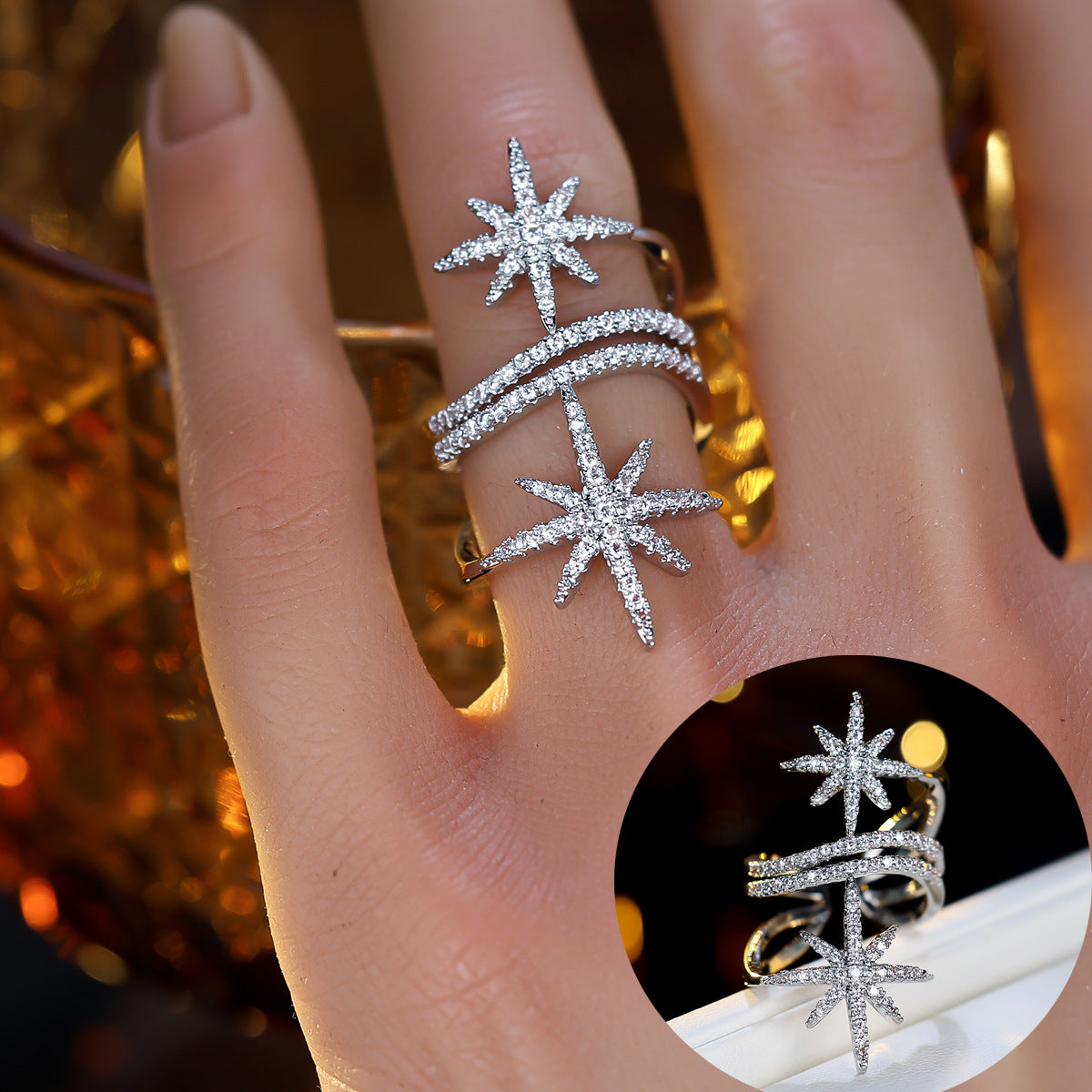 Light Luxury Minority Personality Micro Inlaid Synthetic Zircon Surrounding Geometric Ring