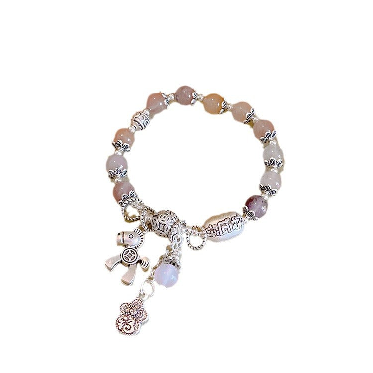 Women's Gray Agate Crystal Tassel Retro Tibetan Sier Longevity Lock Bracelets