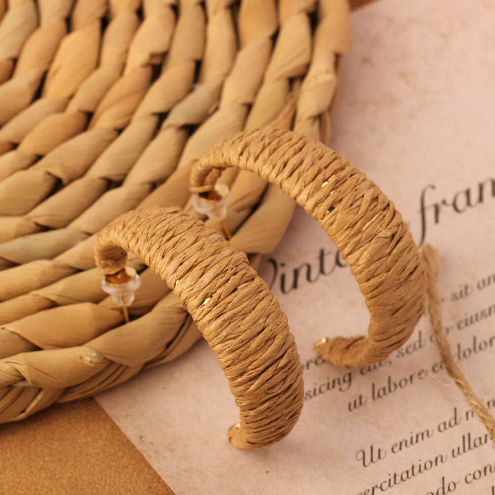Retro Beach Vacation Bohemian Grass Rattan Woven Female Temperament Long Earrings