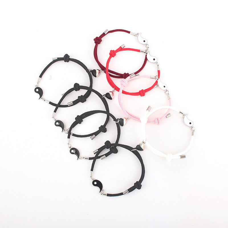 Women's & Men's Rope Black White Magnet Tai Couple Pair Bracelets