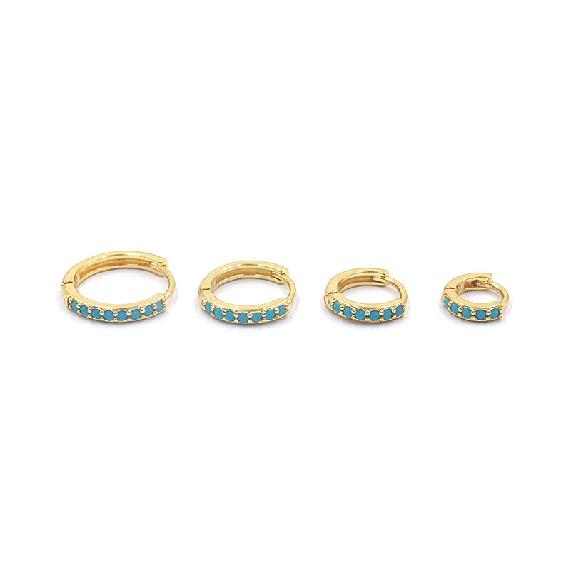 Row O-shaped Round Zircon Turquoise Micro Earrings