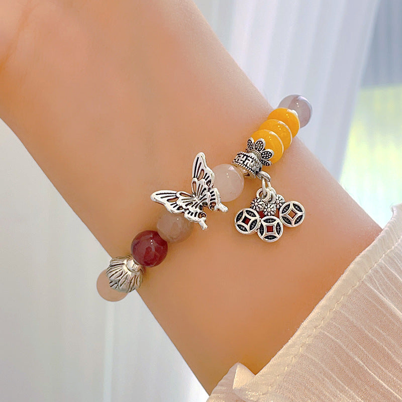 Women's Gray Agate Crystal Tassel Retro Tibetan Sier Longevity Lock Bracelets