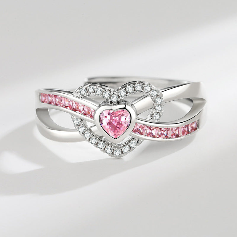 Women's Pink Loving Heart Zircon Female Fashion Simple High Rings