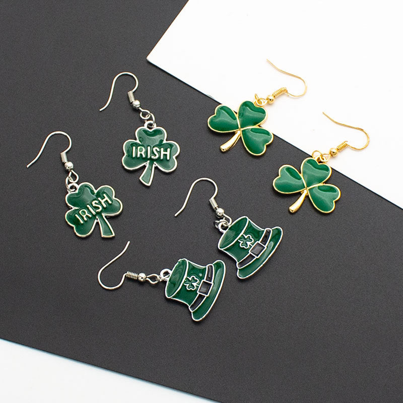 Irish Festival Alloy Dripping Green Hat Clover Earrings