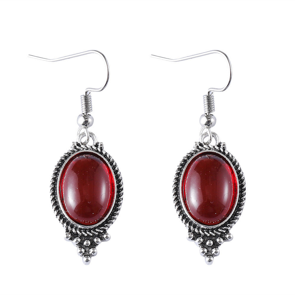 Retro Exquisite Embossed Inlaid Ruby Oval Earrings