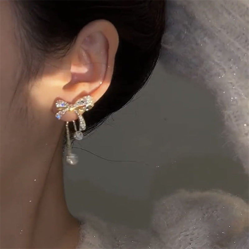 Diamond Bow Light Luxury Rhinestone Long Tassel Temperamental Rings