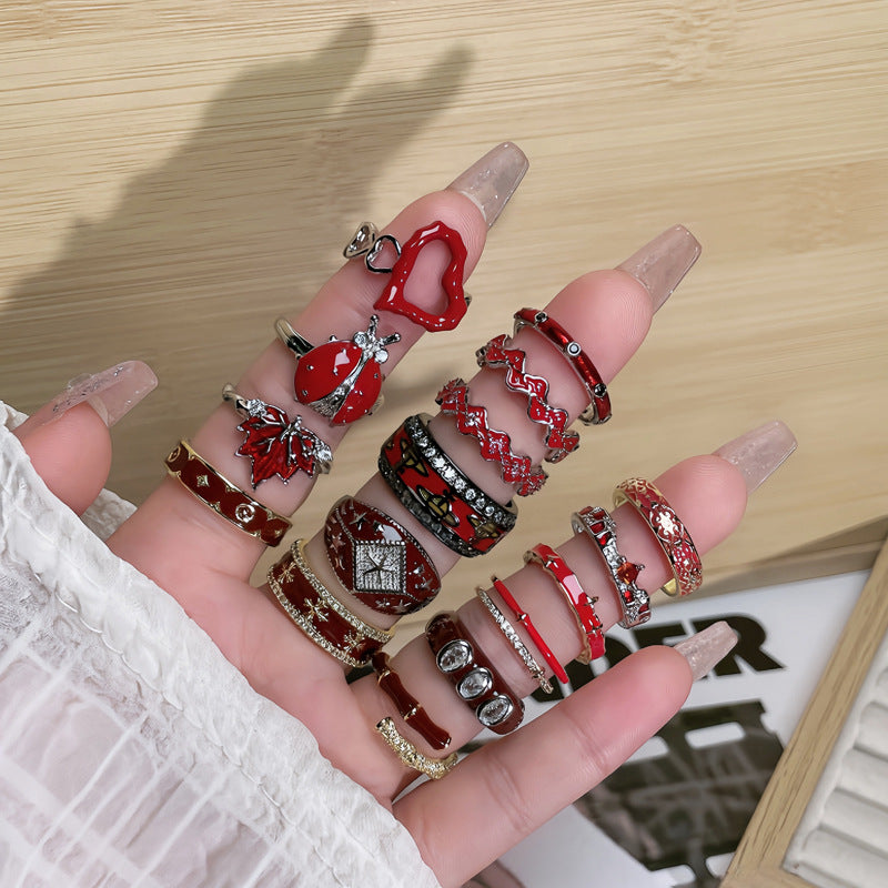 Angora Red Drip Glazed Geometric Fashionable Rings