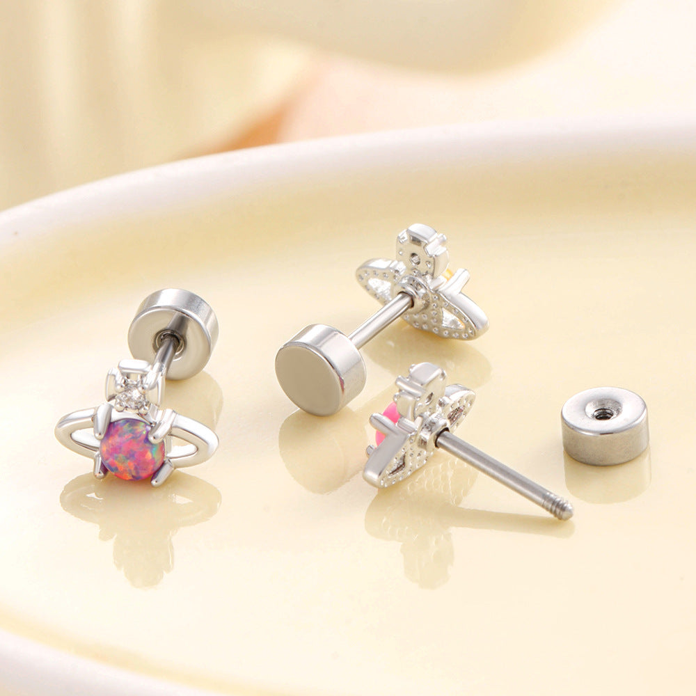 Henson Opal Saturn Niche High-grade Titanium Steel Screw Earrings