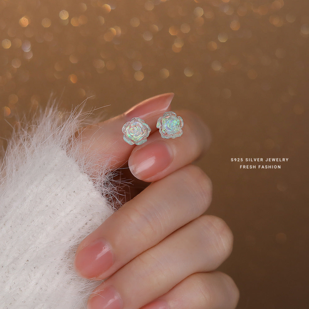 Sier Colorful Rose French Style Retro Earrings