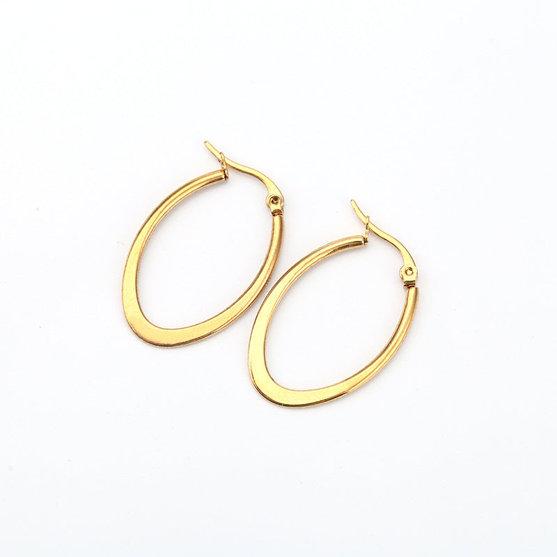 Gold Ear Clip Titanium Steel Flat Oval Long Earrings