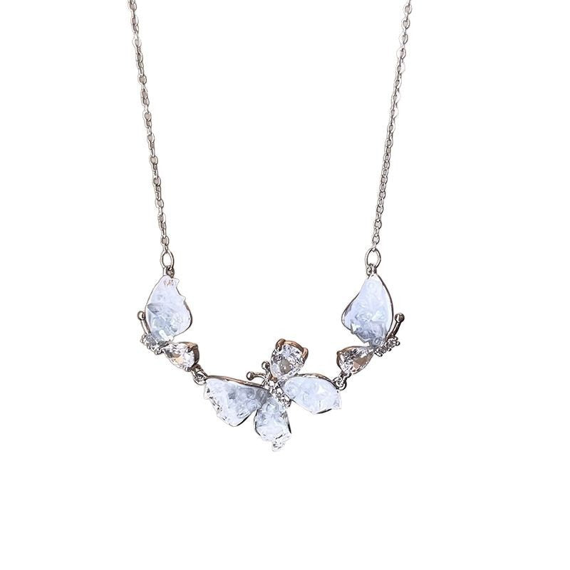 Style Temperament Crystal Butterfly Niche Design Blue Gradient Necklaces