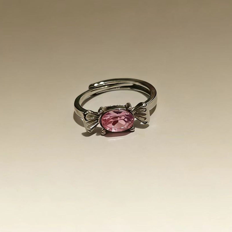 Cute Pink Candy Bow Female Light Luxury Minority Opening Adjustable Rings
