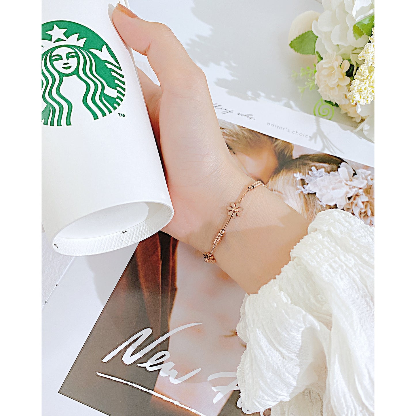 Women's Steel Rose Gold Plated Little Daisy Bracelets