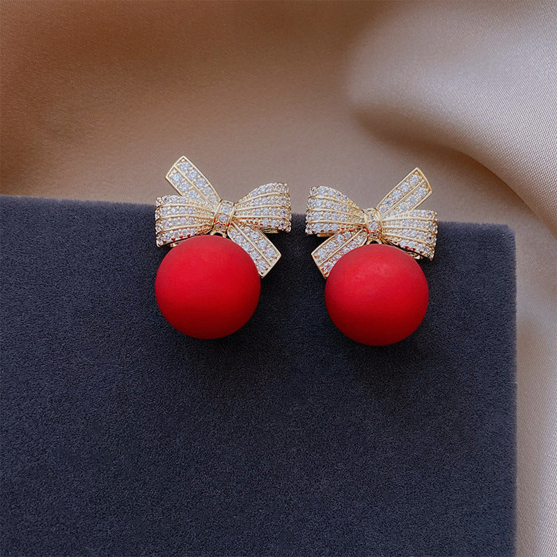 Women's Red Series Christmas Bowknot Crystal Flowers Earrings