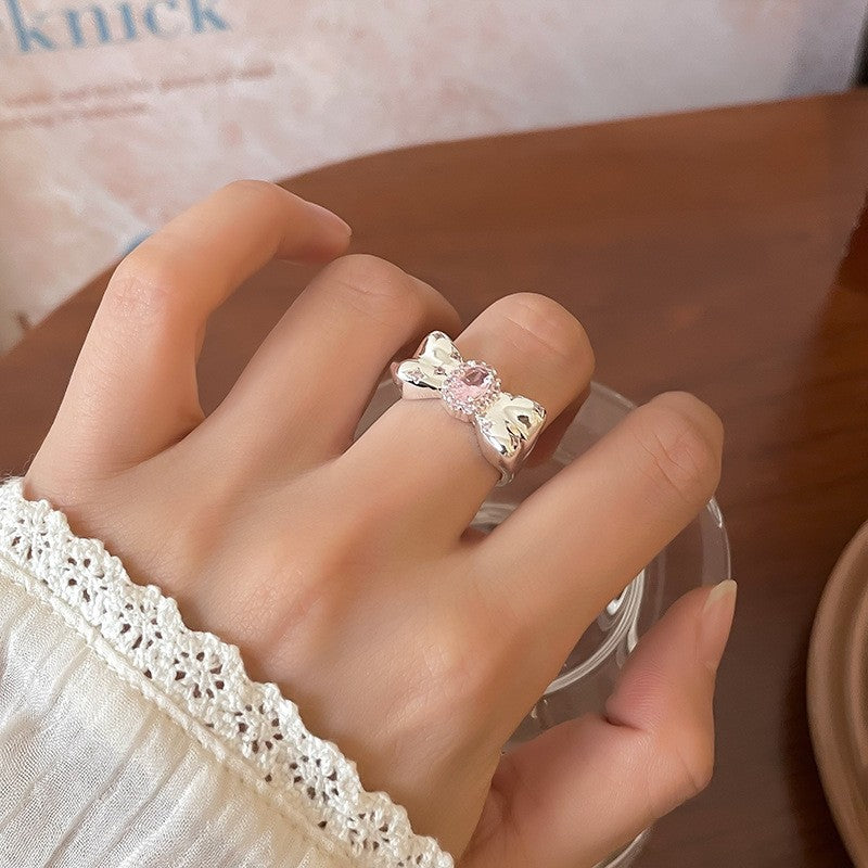 Sier Irregular Texture Pink Love Heart-shaped Rings
