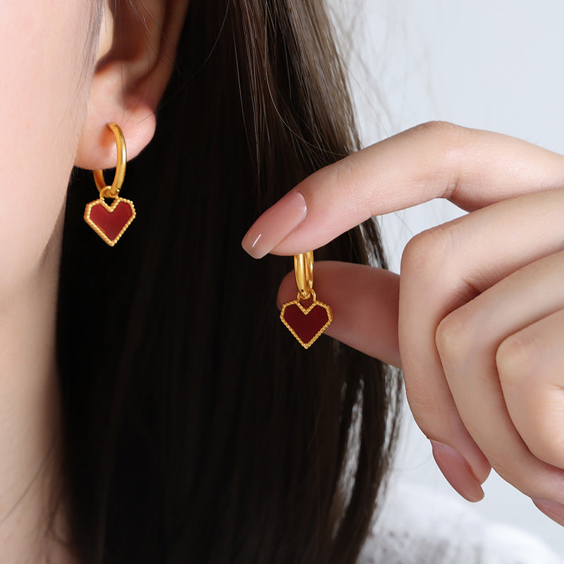 Women's Peach Heart Micro Glass Bead Titanium Steel Gold Earrings