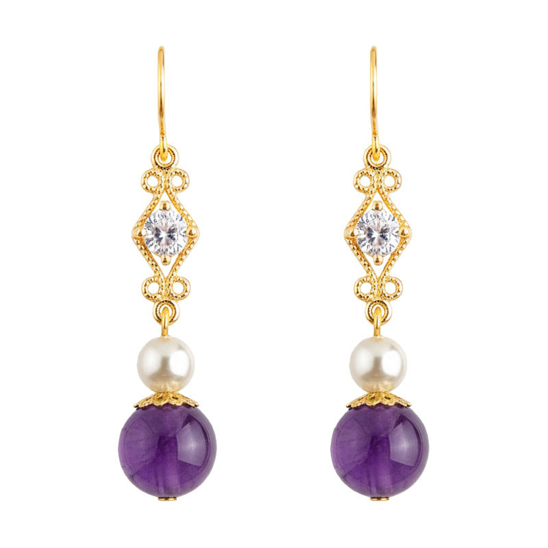 Zircon Long Natural Stone Amethyst Fashion High-grade National Chinese Style Earrings