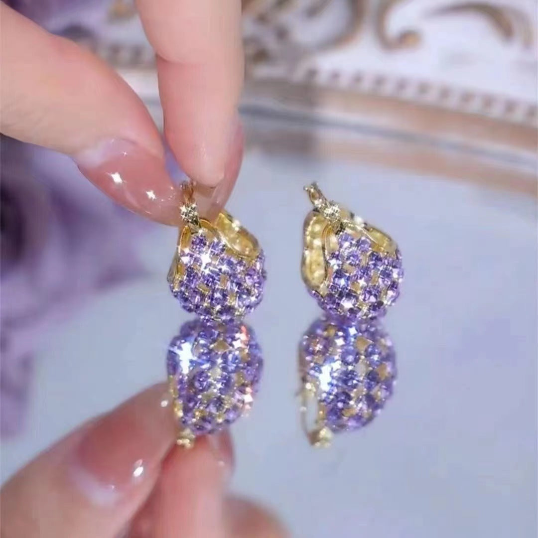 Women's Violet Elegant Purple Cabas Design White Earrings