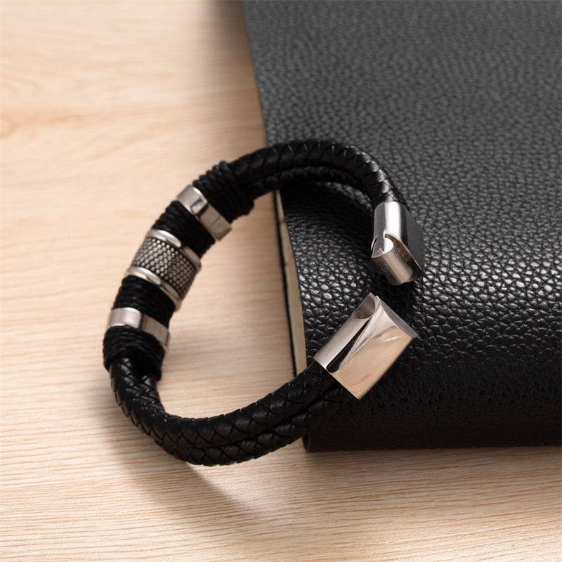Men's Vintage Leather Rope Woven Stainless Steel Bracelets