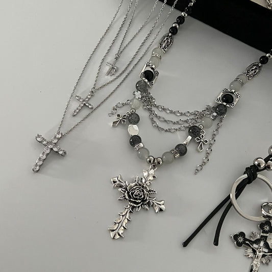Cross Simple Vintage Design Dark Beaded Necklaces
