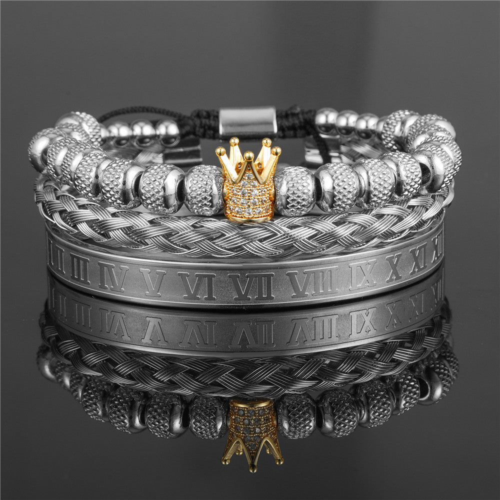 Men's Zircon Double Leopard Head Black Agate Bracelets