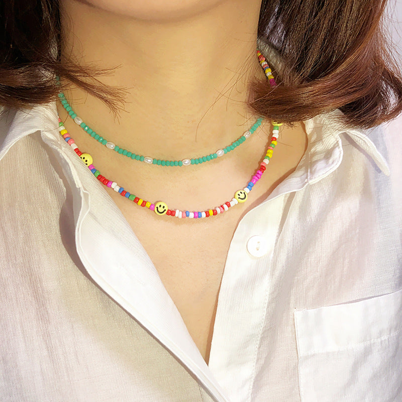 Crystal Clavicle Chain Smiling Face Bead Twin Color Necklaces