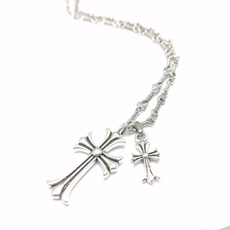 Sier Vintage Temperament Double Cross Couple Necklace