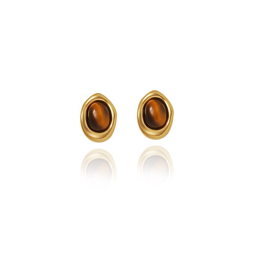 Natural Tigereye Coffee Beans Fashion Short Ear Sets Titanium Necklaces