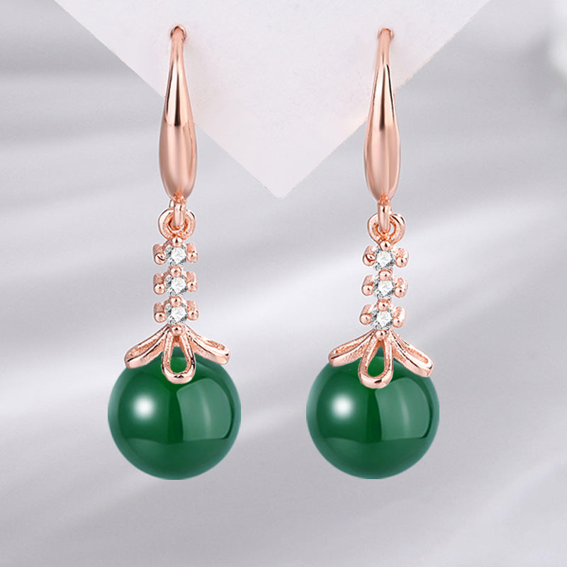 Women's Glass Stone Inlaid Zircon Green Chalcedony Earrings