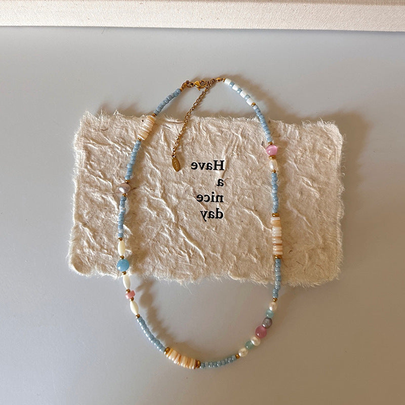 Fresh Pink Blue Niche Beaded Temperament Wild High-grade Clavicle Chain Necklace