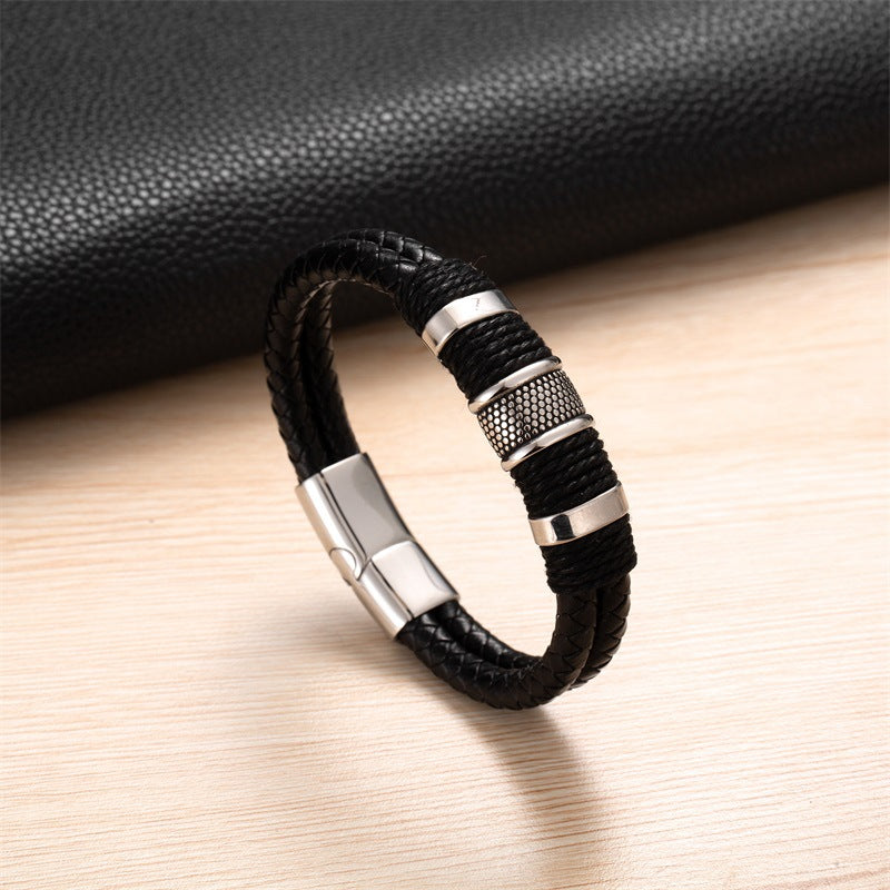 Men's Vintage Leather Rope Woven Stainless Steel Bracelets