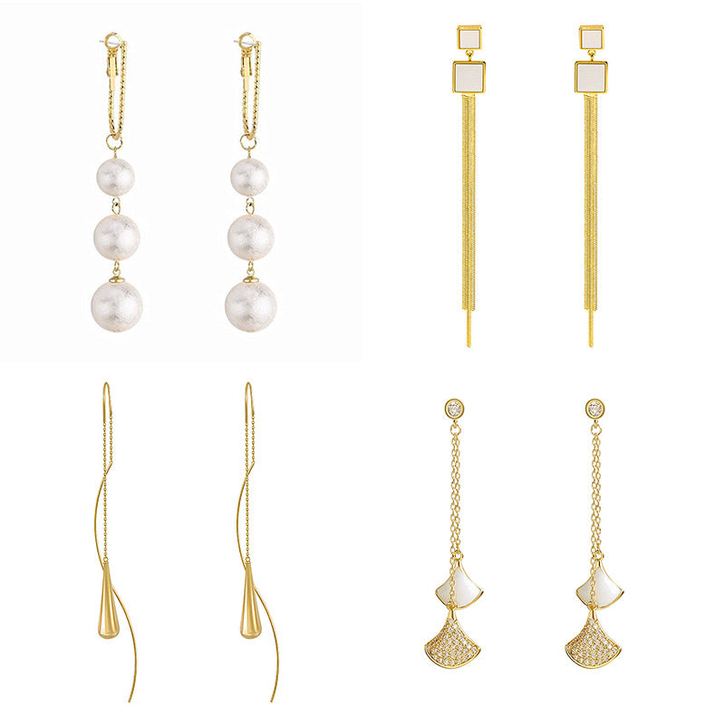 Tassel High-grade Sier Needle Metal Light Luxury Pearl Earrings