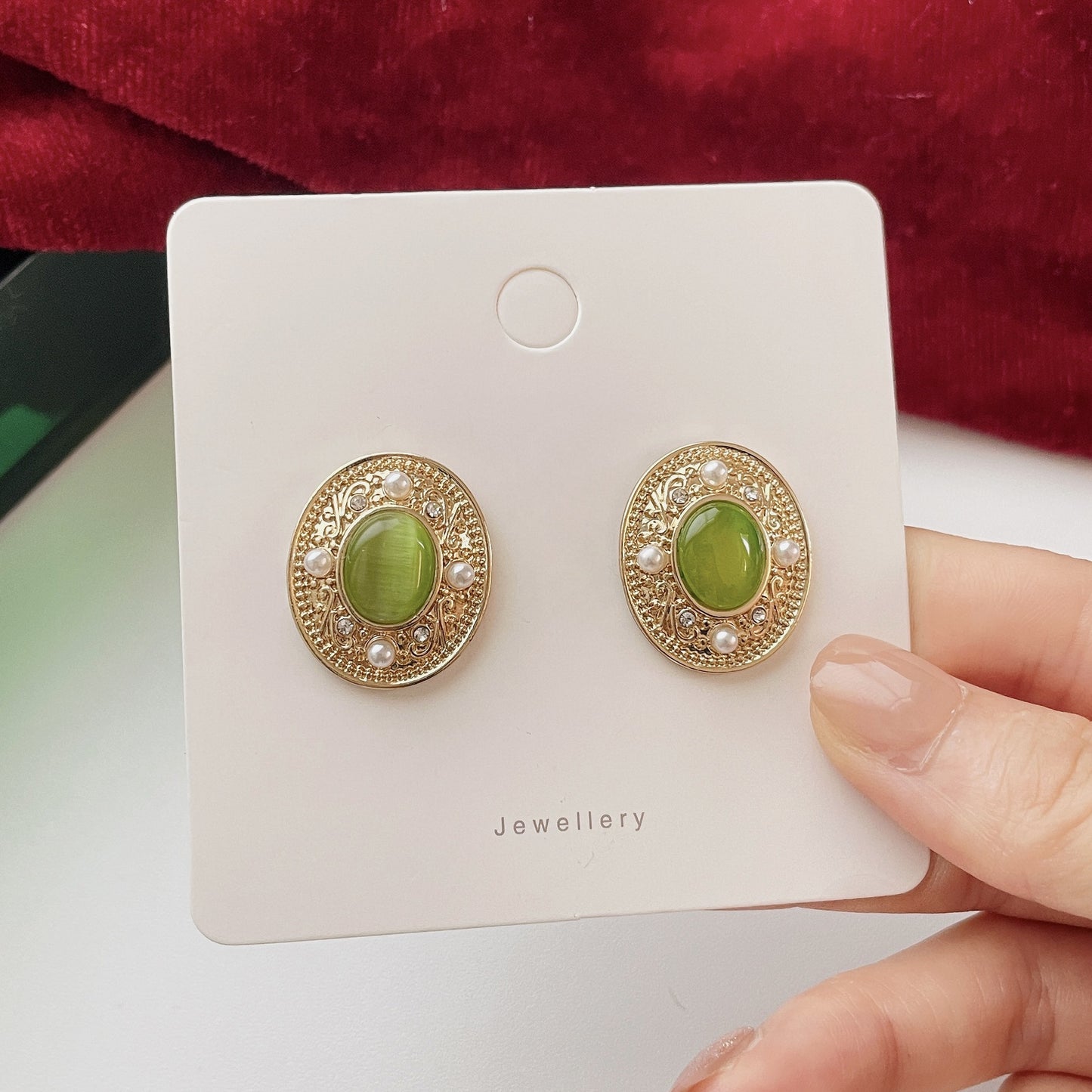 Vintage Court Style Pearl Oval Green Earrings
